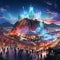 Futuristic Athens skyline with holographic sculptures of ancient Greek gods