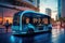 Futuristic autonomous bus on city street at dusk