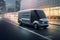 Futuristic autonomous delivery van on a city street. integration of technology in urban logistics, transforming the