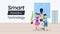 Futuristic babysitting vector banner template. Little children with artificial babysitter characters. Family friendly