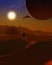 Futuristic background of a person standing on sand dunes with a spaceship and a planet in the sky