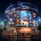 Futuristic bar scene in a bustling cityscape with an extravagant carousel-like structure adorned with colorful cocktails