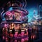 Futuristic bar scene in a bustling cityscape with an extravagant carousel-like structure adorned with colorful cocktails
