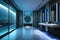 A futuristic bathroom with LED-lit mirrors, high-tech toilets