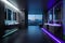 A futuristic bathroom with LED-lit mirrors, high-tech toilets, and touchless faucets.