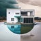 Futuristic Bauhaus Architecture: AI-Generated House Reflecting in Pool