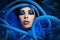 Futuristic beautiful young female face with blue fashion make-up.