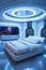 Futuristic Bedroom Decor with Large White Bed in Futuristic Room Interior. Generative ai
