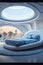 Futuristic Bedroom Decor with Large White Bed in Futuristic Room Interior. Generative ai