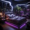 futuristic bedroom design, bathed in mesmerizing neon light, where your bedchamber transforms into a space-age oasis