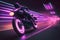 Futuristic biker on a retrowave sunset with a glitch and high-speed effect. Neural network AI generated