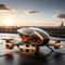 A futuristic black and orange passenger plane takes off from a runway near a modern city. VTOL electric vertical takeoff