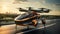 A futuristic black and orange passenger plane takes off from a runway near a modern city. VTOL electric vertical takeoff