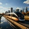 Futuristic black and silver train in a grandiose cityscape