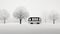 Futuristic Black And White Photograph Of A Small Van In A Snowy Field