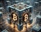 Futuristic blockchain network with bitcoin symbol depicted in digital illustration