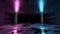 Futuristic blue and pink neon lights interior. Cyber neon laser tubes in garage room hangar. Sci fi dark tunnel warehouse with