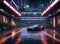 Futuristic blue police sports car parked in a neon-lit garage with a red and white striped floor, city skyline in the