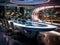 Futuristic boardroom with round table screens