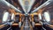 Futuristic Bright Orange Seats Inside Modern Airplane Cabin. Comfort and Luxury Flight Concept. Aerospace Industry