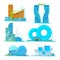 Futuristic buildings set. Vector flat pictures of various stylized buildings