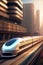 Futuristic bullet train on the rail passing through the city. Generative AI_4