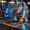 Futuristic business laptop controls robotic arm in high tech warehouse