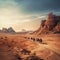 Futuristic Camel Caravan On Black Rock Landscape