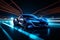 Futuristic Car in Blue Neon Lights Driving through the Night