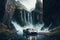 futuristic car drives past towering waterfall in breathtaking natural setting