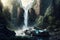 futuristic car drives past towering waterfall in breathtaking natural setting