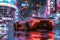 Futuristic Car Driving Through a Nighttime City, A sports car stopping just in time at a futuristic city intersection, AI
