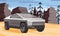 Futuristic car riding road through canyon and forest. Grey metal cyber pickup auto. Electric ecological cargo truck.