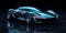 A futuristic car is shown in a dark room. Generative AI image.