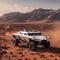 a futuristic car sits in a desert like environment with sand and hills