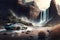 futuristic car speeding past majestic waterfall in the wilderness