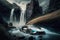 futuristic car speeding past majestic waterfall in the wilderness
