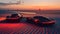 Futuristic cars on a desert at sunset. conceptual automotive design. modern vehicle concept art in a stunning landscape