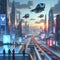 Futuristic cars navigating through a sleek, technologically advanced cityscape