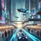 Futuristic cars navigating through a sleek, technologically advanced cityscape