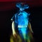 Futuristic character in a bright stylized outfit, photo with neon colors.