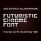 Futuristic chrome alphabet font. Metallic effect letters and numbers on a dark background.