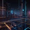 Futuristic circuit city with many buildings in a colorful electronic planet. AI Generative