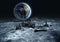 Futuristic city, base, town on moon. The space view of the planet earth. expedition. 3d rendering