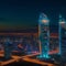 futuristic city downtown night scene, beautiful modern buildings, bright glowing lights, luxurious travel and tourism
