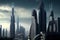 Futuristic city in evening, tall buildings view, generative AI