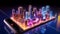 Futuristic city hologram on smartphone. Bright neon technology and innovation. Generative AI