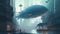 A futuristic city with a hovering whale sculpture. Fantasy concept , Illustration painting