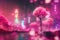 Futuristic city with neon lights and abstract sakura trees. Modern fantasy japanese cityscape background