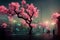 Futuristic city with neon lights and abstract sakura trees. Modern fantasy japanese cityscape background